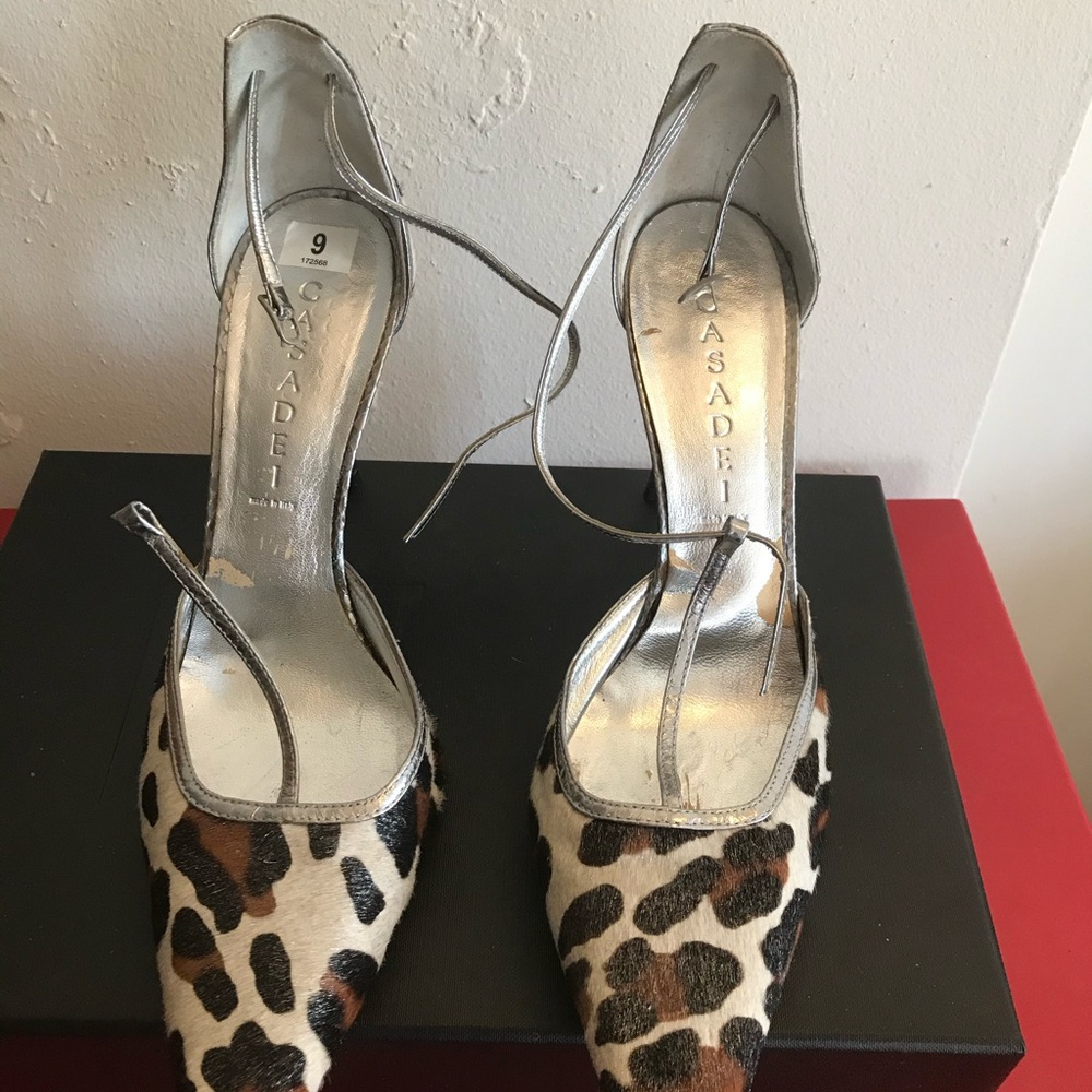 Casadei Women's Real Leopard Skin Silver Stilettos Like New Worn 1x